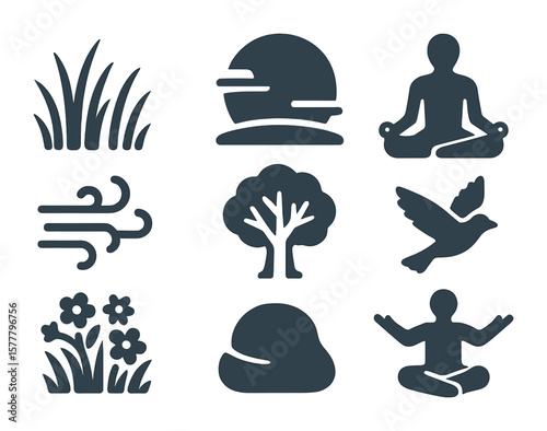 Meditation Icons Grid. Flat icon set of open field meditation: tall grass, wide sky, meditating silhouette,