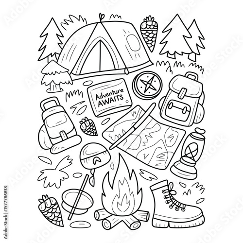 Cheerful camping doodle set with tent, backpack, compass, and campfire in black and white line art coloring page