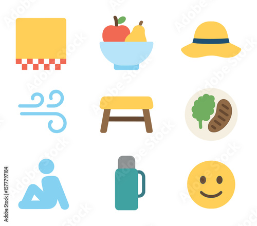 Mindful Picnic Icons. Flat icon set of mindful picnic: picnic blanket, fruit bowl, sunhat, breeze icon, low