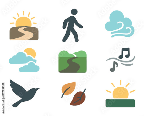 Sunrise Nature Icons. Flat icon set of sunrise silence walks: path with sun, walking figure, breath vapor,