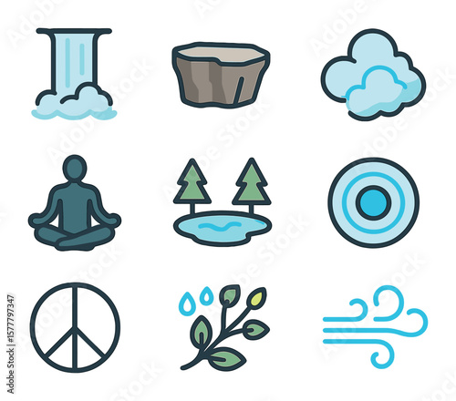 Waterfall Meditation Icons. Flat icon set of waterfall meditation: falling water, rock ledge, mist cloud,