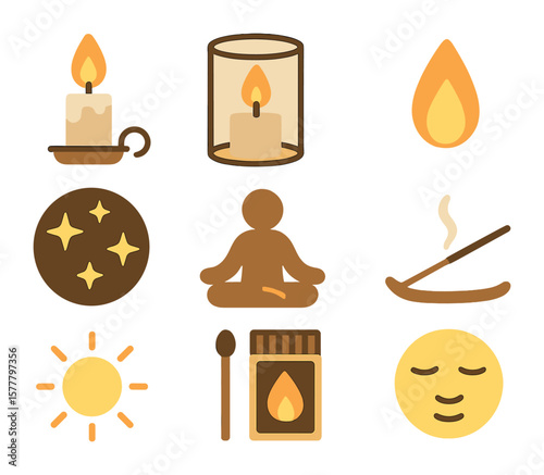 Meditation Candle Icons. Flat icon set of outdoor candle meditation: candle in holder, wind shield, soft flame