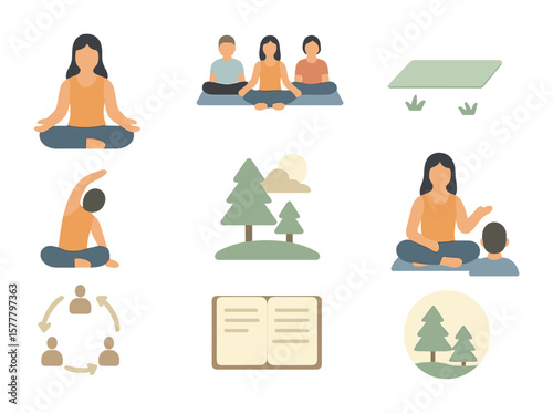 Open-Air Meditation Icons. Flat icon set of open-air meditation classes: yoga teacher, small group, field mat,