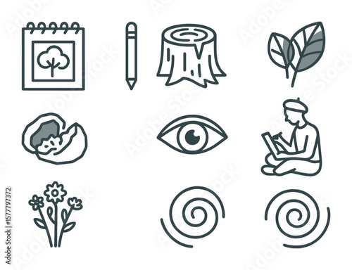 Meditative Nature Icons. Flat icon set of meditative nature drawing: sketchpad, pencil, tree trunk, shaded