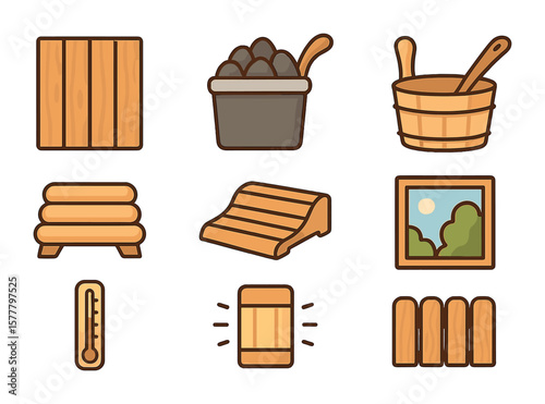 Sauna Interior Icons Set. Flat icon set of sauna interior: wooden wall, heater stones, bucket and ladle,