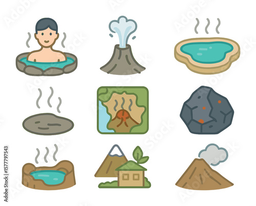 Geothermal Wellness Icons. Flat icon set of geothermal wellness: hot spring, geyser, mineral pool, steam