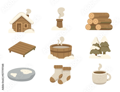 Winter Sauna Icons. Flat icon set of outdoor sauna: cabin in snow, chimney smoke, firewood stack, wooden deck,