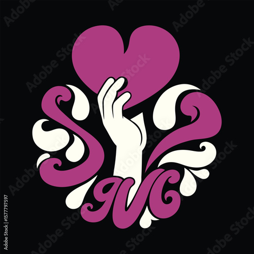 Stylized Hand Holding a Heart with Decorative Swirls on a Black Background