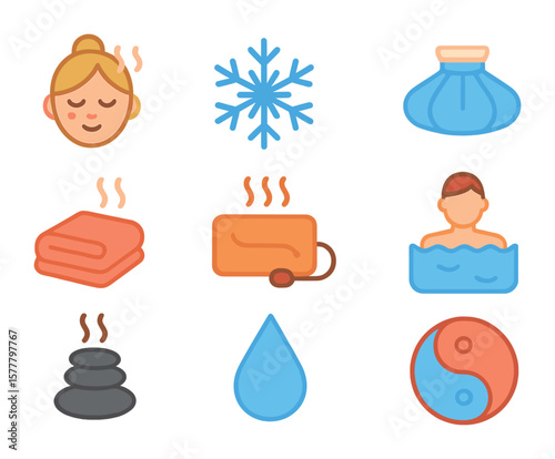 Hot and Cold Therapy Icons. Flat icon set of hot and cold therapy: steaming face, snowflake, ice pack, towel