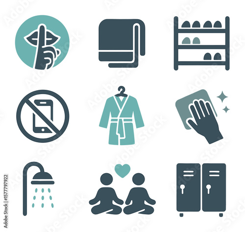 Spa Etiquette Icons. Flat icon set of spa etiquette: quiet sign, towel rule, shoe rack, no phone, robe area,