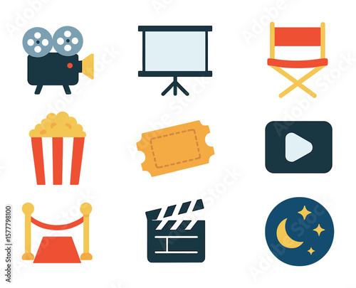 Film Festival Icons. Flat icon set of film festivals: projector, movie screen, director chair, popcorn, ticket