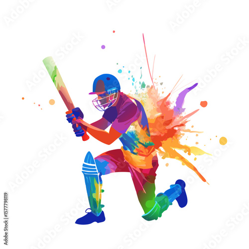 Cricketer in Blue Playing Shot Illustration – Vector of Professional Batsman in Helmet, Pads, Gloves, Holding Bat – Cricket Player Clipart

