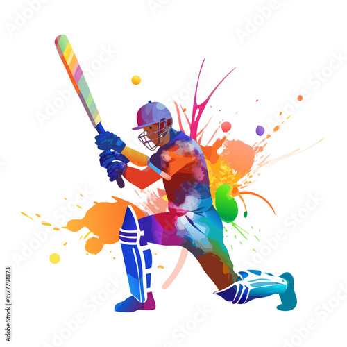Cricketer in Blue Playing Shot Illustration – Vector of Professional Batsman in Helmet, Pads, Gloves, Holding Bat – Cricket Player Clipart

