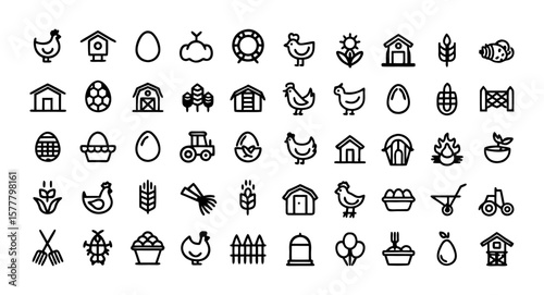 Poultry Farming Line Icon Set – Thin Linear Vector Pictograms of Chicken, Eggs, Incubator, Henhouse, Feeding Equipment, Free-Range Farming, Rooster, Agriculture, and Organic Poultry Farm Elements