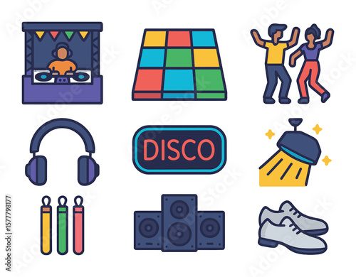 Outdoor Dance Festival Icons. Flat icon set of outdoor dance festivals: DJ booth, dance floor, dancers,
