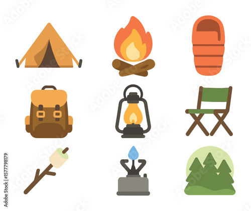 Camping Festival Icons. Flat icon set of camping festivals: tent, campfire, sleeping bag, backpack, lantern,