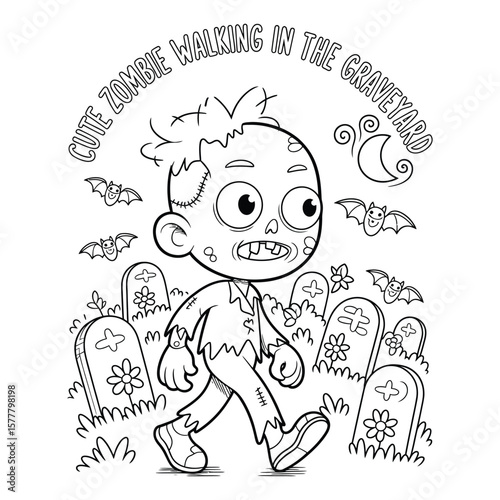 Cute zombie walking in whimsical graveyard with tilted tombstones, bats, and crescent moon black and white coloring page