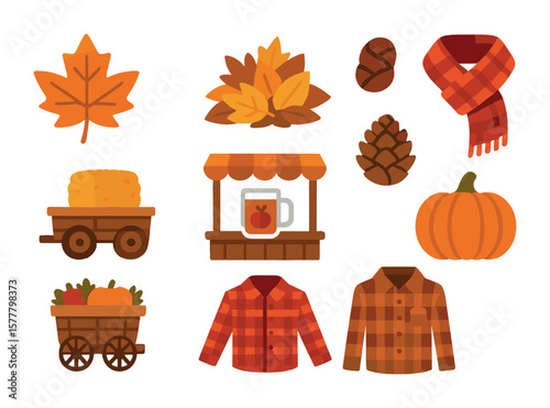 Autumn Festival Icons. Flat icon set of autumn leaf festivals: orange leaf, leaf pile, hayride, plaid scarf,