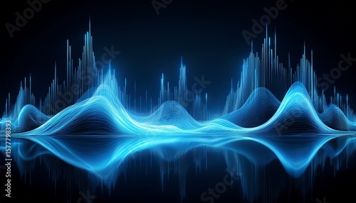 abstract blue sound wave visualizer with reflection and dark background