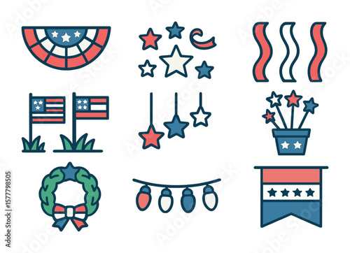 Patriotic Icon Set. Flat icon set of patriotic decorations: American bunting, star confetti, red-white-blue