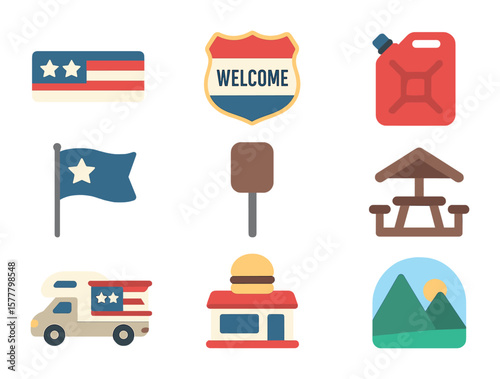 July 4th Road Trip Icons. Flat icon set of July 4th road trip: patriotic bumper sticker, welcome sign, fuel