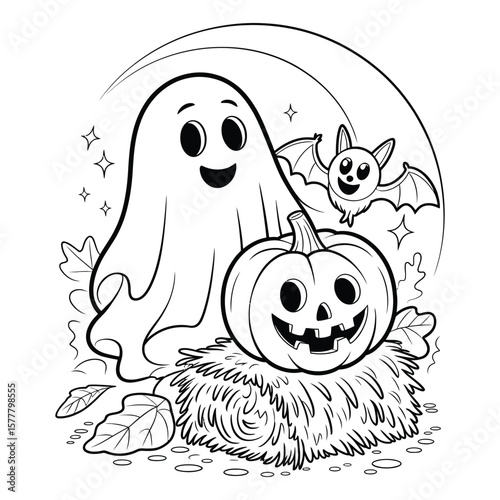 Friendly ghost, playful bat, and smiling pumpkin on hay bale under crescent moon in whimsical Halloween scene