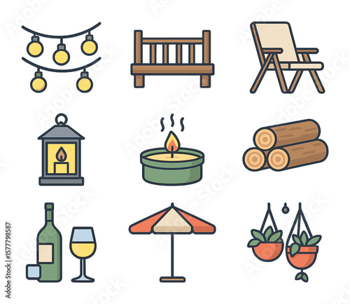 Backyard Evening Icons. Flat icon set of backyard evening gatherings: string lights, wooden deck, lawn chair,