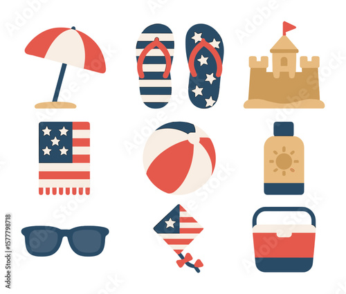 Beachside Icons Set. Flat icon set of beachside Independence Day: beach umbrella, flip flops, sandcastle,
