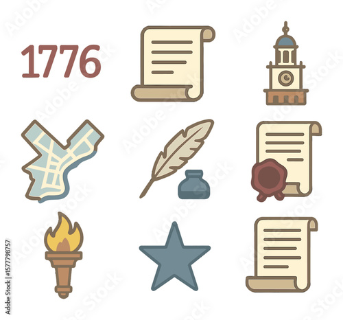 US Founding Icons. Flat icon set of US founding icons: 1776 date, independence scroll, bell tower,