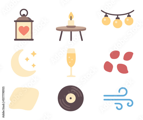 Romantic Summer Icons. Flat icon set of romantic summer evenings: heart lantern, candle table, string lights,