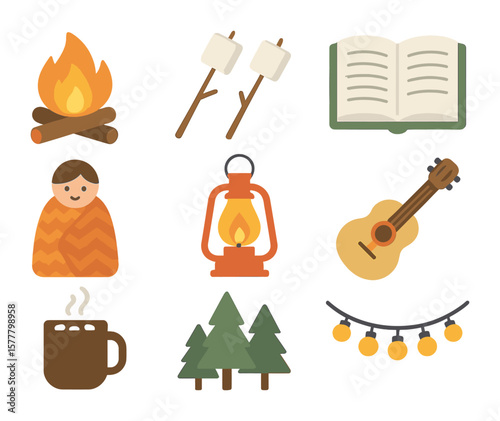 Campfire Storytelling Icons. Flat icon set of campfire storytelling nights: fire pit, marshmallows, storybook,