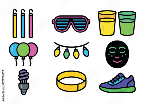 Glow Party Icons. Flat icon set of glow-themed night parties: glow sticks, neon sunglasses, glow cups, LED
