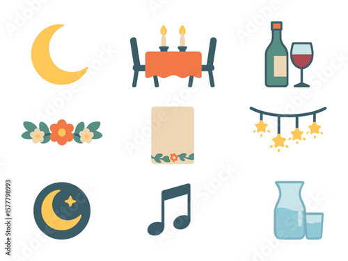Moonlit Dinner Icons. Flat icon set of moonlit dinner parties: crescent moon, candlelight table, wine bottle,