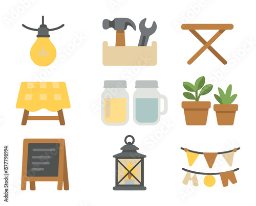 DIY Patio Party Icons. Flat icon set of DIY patio parties: string light bulb, tool set, folding table,