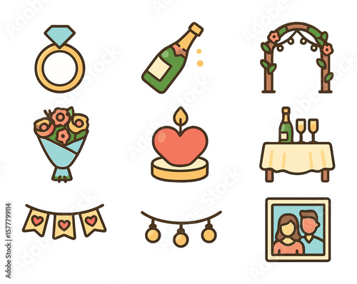Garden Engagement Icons. Flat icon set of garden engagement parties: engagement ring, champagne bottle, light
