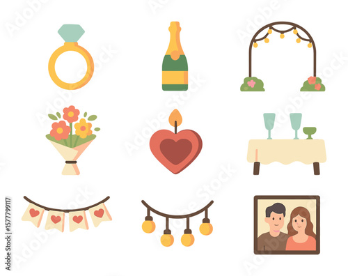 Garden Party Icons. Flat icon set of garden engagement parties: engagement ring, champagne bottle, light arch,