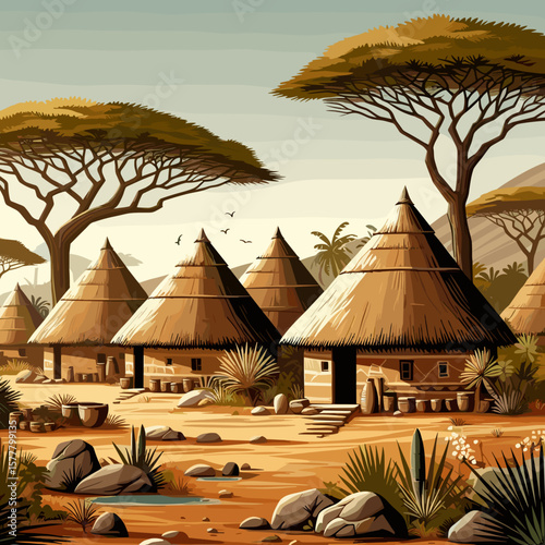 Traditional village scene with thatched huts and acacia trees, warm atmosphere, cultural heritage, digital art, copy space