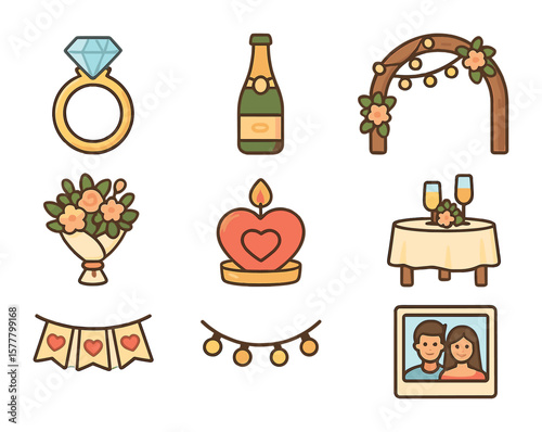 Garden Party Icons. Flat icon set of garden engagement parties: engagement ring, champagne bottle, light arch,