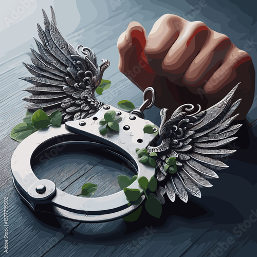 Symbolic handcuffs with angel wings and greenery, representing freedom and liberation, digital art, copy space
