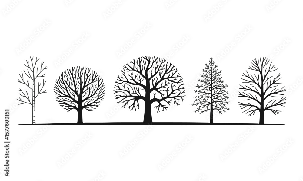 Fototapeta premium Minimalist vector illustration featuring a series of black tree silhouettes on a plain white background, easily editable and scalable.