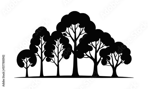 Minimalist vector illustration featuring a series of black tree silhouettes on a plain white background, easily editable and scalable.