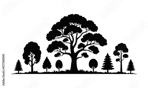 Minimalist vector illustration featuring a series of black tree silhouettes on a plain white background, easily editable and scalable.