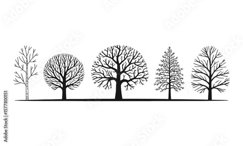 Minimalist vector illustration featuring a series of black tree silhouettes on a plain white background, easily editable and scalable.