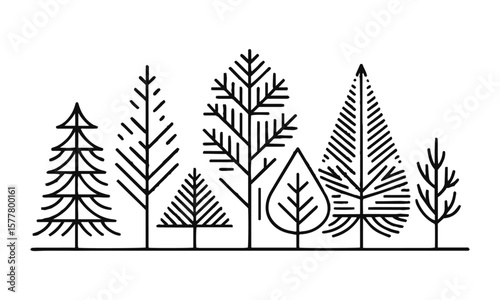 Minimalist vector illustration featuring a series of black tree silhouettes on a plain white background, easily editable and scalable.