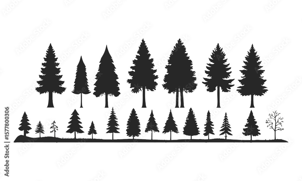 Obraz premium Minimalist vector illustration featuring a series of black tree silhouettes on a plain white background, easily editable and scalable.