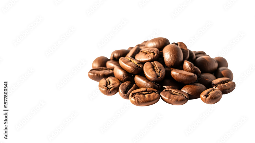 Naklejka premium Pile of Freshly Roasted Coffee Beans on White Background in Studio Lighting.