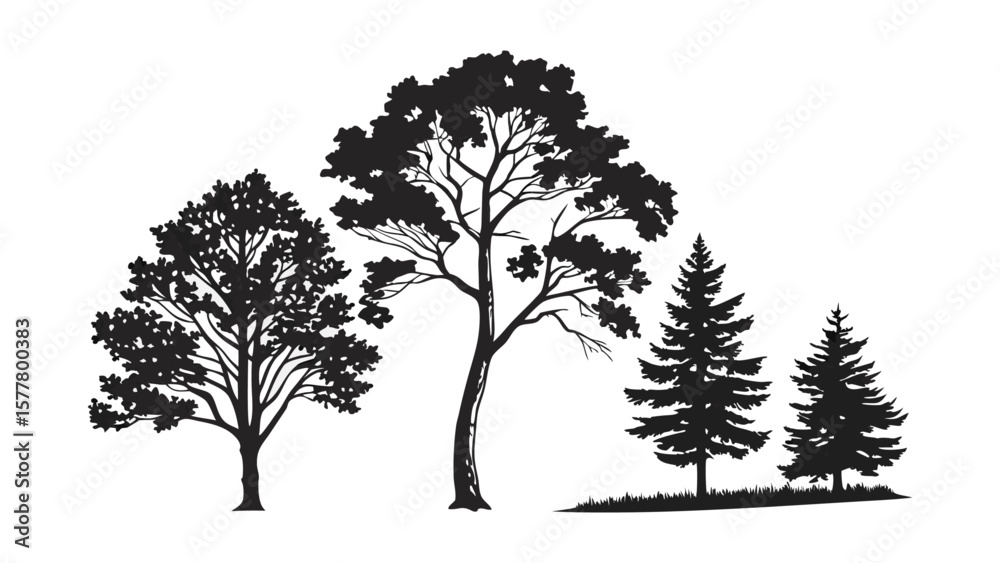 Obraz premium Minimalist vector illustration featuring a series of black tree silhouettes on a plain white background, easily editable and scalable.