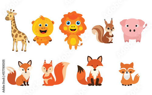 Cute Cartoon Animal Collection on White Background for Kids and Education
