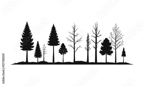 Minimalist vector illustration featuring a series of black tree silhouettes on a plain white background, easily editable and scalable.