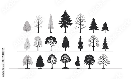 Minimalist vector illustration featuring a series of black tree silhouettes on a plain white background, easily editable and scalable.